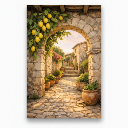 Mediterranean stone archway with hanging lemons and terracotta pots canvas wall art on white background - Portugal Canvas Co