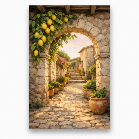 Mediterranean stone archway with hanging lemons and terracotta pots canvas wall art on white background - Portugal Canvas Co