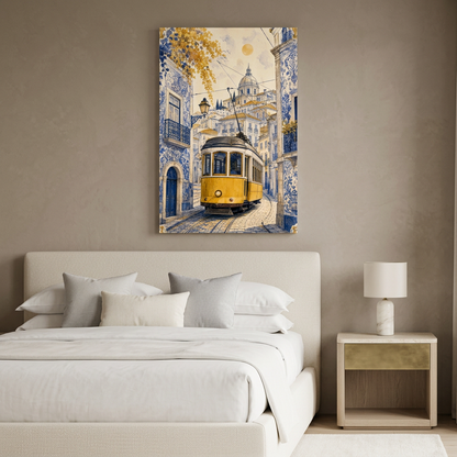 Yellow Lisbon tram canvas with Portuguese azulejo buildings in a luxury neutral bedroom - Portugal Canvas Co