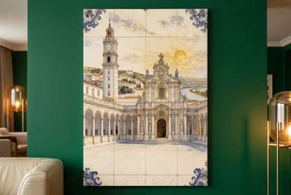 Close-up of Coimbra azulejo-style architecture canvas on an emerald green wall with cream seating and warm lamps - Portugal Canvas Co