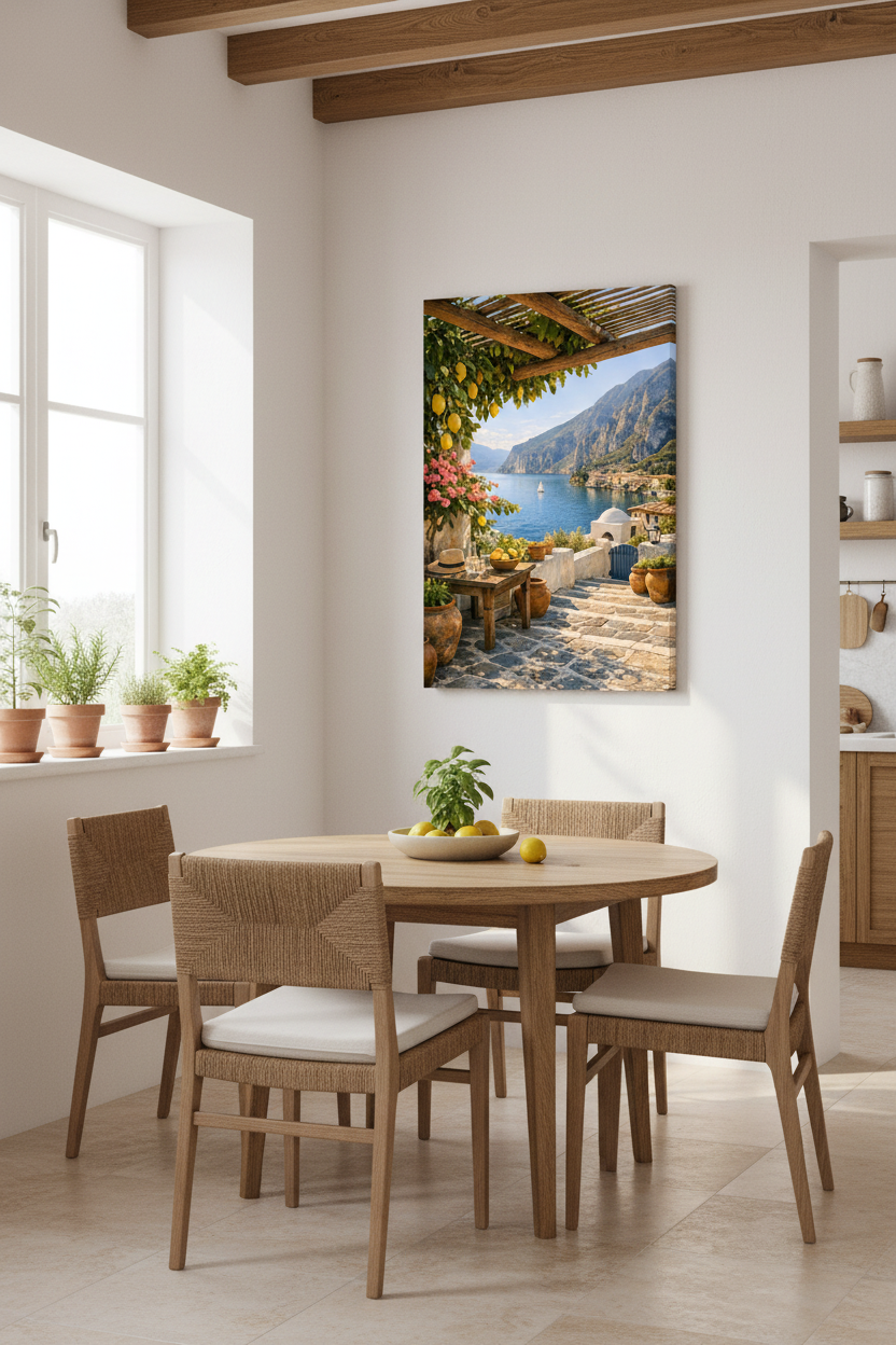 Mediterranean lemon pergola terrace canvas wall art with pink bougainvillea and coastal mountain view displayed in a bright kitchen dining area with round wooden table and woven chairs - Portugal Canvas Co