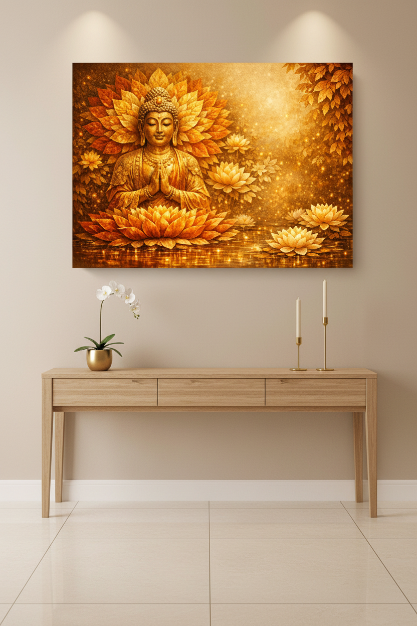 Golden lotus Buddha radiant meditation canvas wall art above a minimalist console table with orchid and gold candle holders in an elegant zen entryway - Portugal Canvas Co