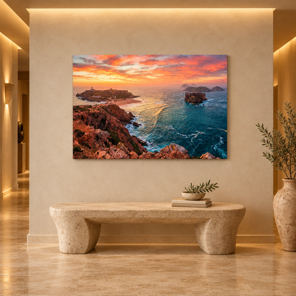 Algarve sunset canvas with headland fort and blue Atlantic on hotel corridor wall - Portugal Canvas Co
