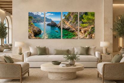 Hidden Mediterranean Cove four-panel canvas in a sage and limestone five-star hotel lobby lounge - Portugal Canvas Co