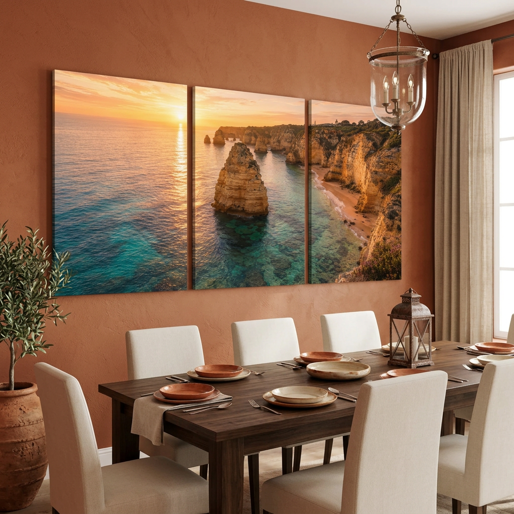 Algarve coastal sunset three-panel canvas in a terracotta dining room with a dark wood table - Portugal Canvas Co