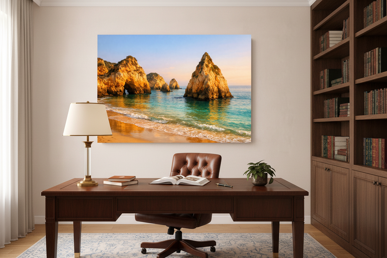 Praia dos Três Irmãos Algarve golden limestone sea stacks and stone arch with turquoise water canvas wall art displayed in a sophisticated home study with warm lamp lighting - Portugal Canvas Co