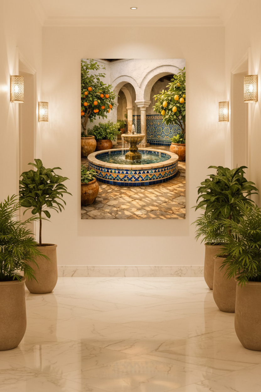 Andalusian courtyard fountain canvas wall art displayed on a warm white wall in a luxury hotel corridor with marble floors and warm sconce lighting - Portugal Canvas Co
