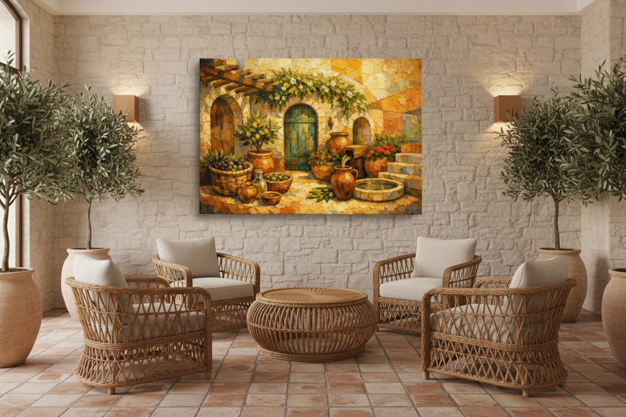 Mediterranean courtyard still life canvas wall art displayed in a boutique hotel lobby with stone wall and rattan furniture - Portugal Canvas Co