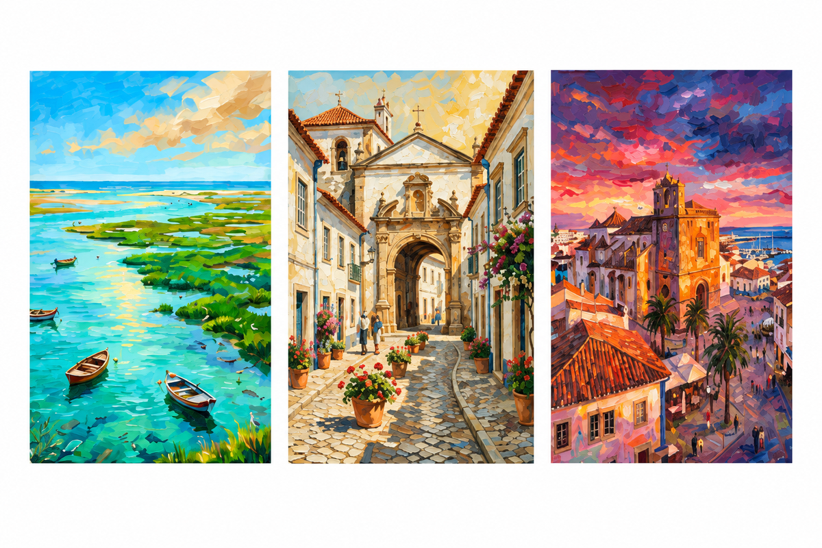Faro three-panel portrait canvas set showing lagoon boats, an old town arch and sunset rooftops on a pure white background - Portugal Canvas Co