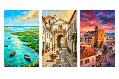 Faro three-panel portrait canvas set showing lagoon boats, an old town arch and sunset rooftops on a pure white background - Portugal Canvas Co
