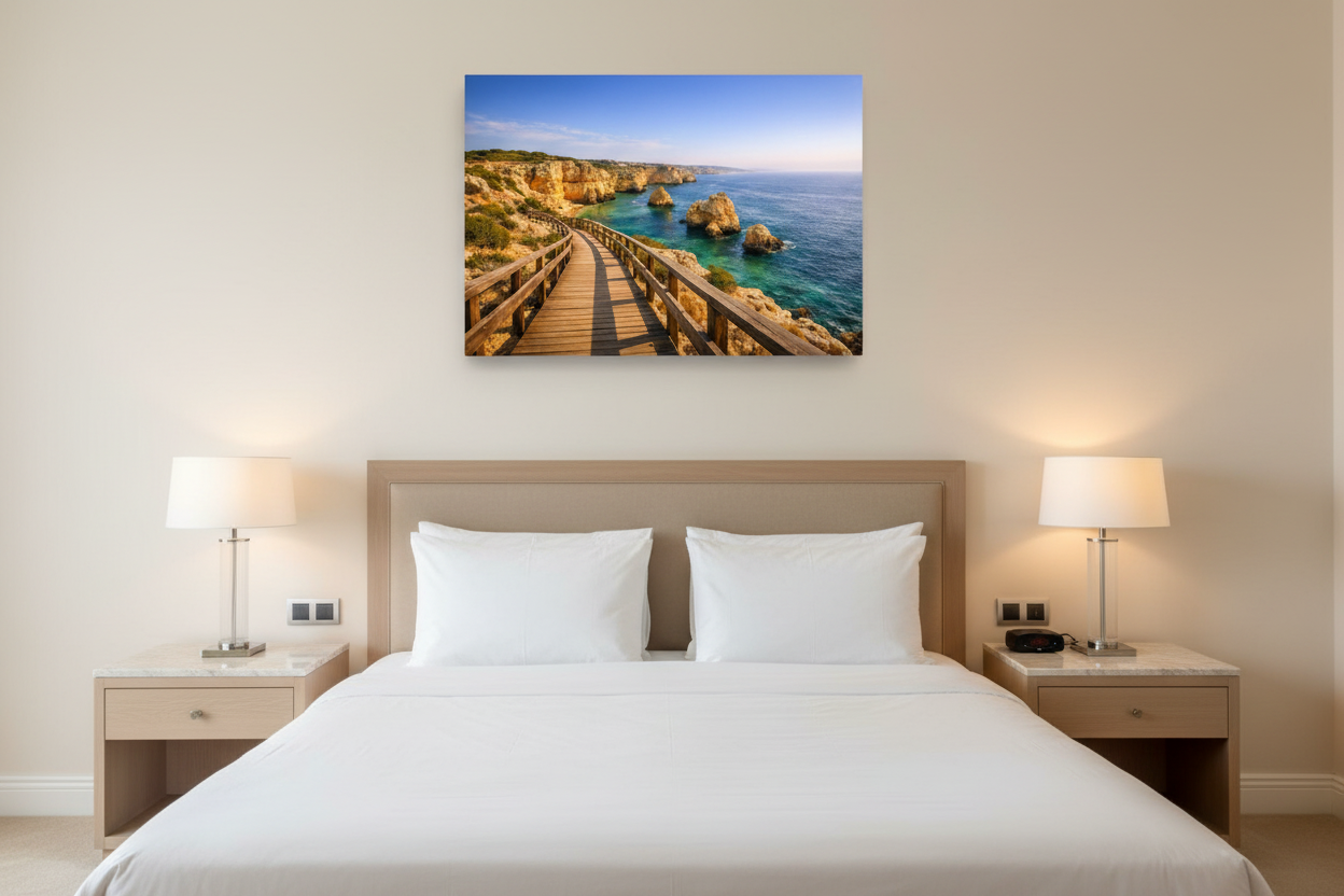 Carvoeiro boardwalk Algarve canvas wall art displayed above a luxury hotel bed with white linen - Portugal Canvas Co