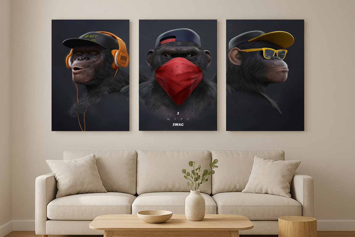 3 Wise Swag monkey triptych canvas wall art hung above a beige linen sofa in a modern Scandinavian living room - Portugal Canvas Co