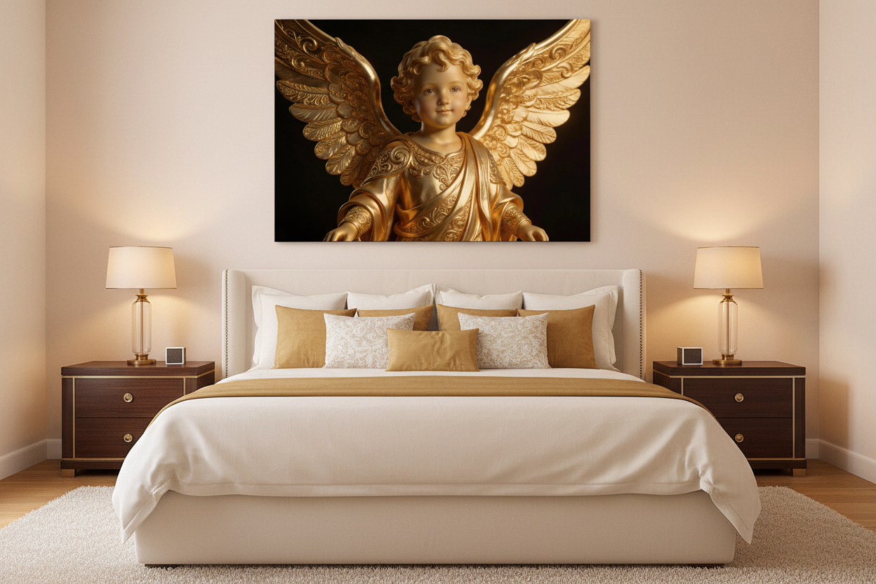 Golden Angel Child canvas wall art displayed above the bed in a luxurious elegant bedroom with warm walls and gold accent pillows - Portugal Canvas Co
