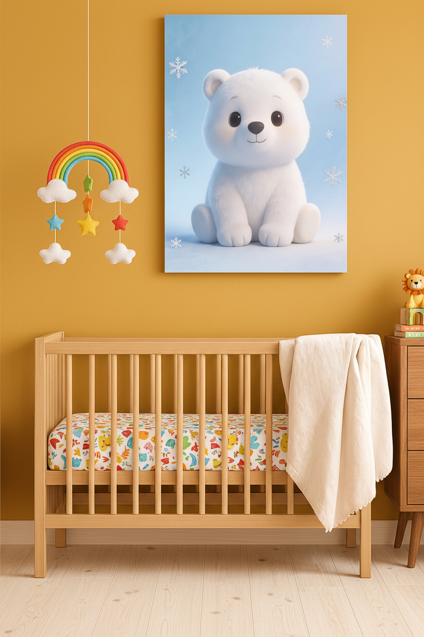 Cute polar bear nursery canvas wall art on a mustard yellow nursery wall above a wooden dresser with colourful toys - Portugal Canvas Co