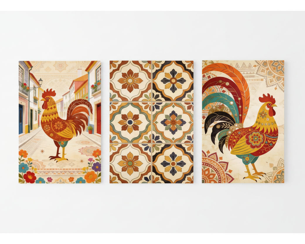 Portuguese folk art Galo de Barcelós and azulejo tile triptych canvas wall art set flat lay on white background - Portugal Canvas Co