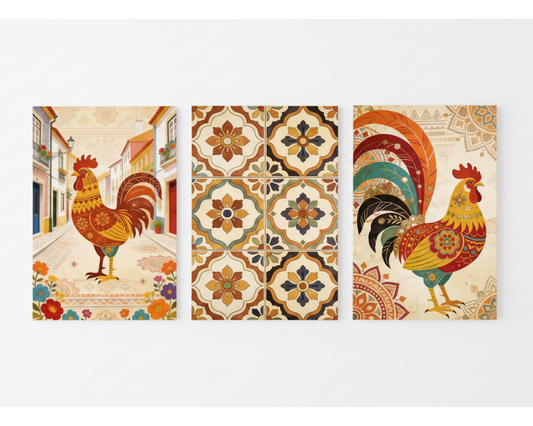 Portuguese folk art Galo de Barcelós and azulejo tile triptych canvas wall art set flat lay on white background - Portugal Canvas Co