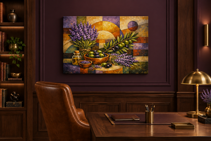 Lavender and olive mosaic still life gallery-wrapped canvas in aubergine study - Portugal Canvas Co