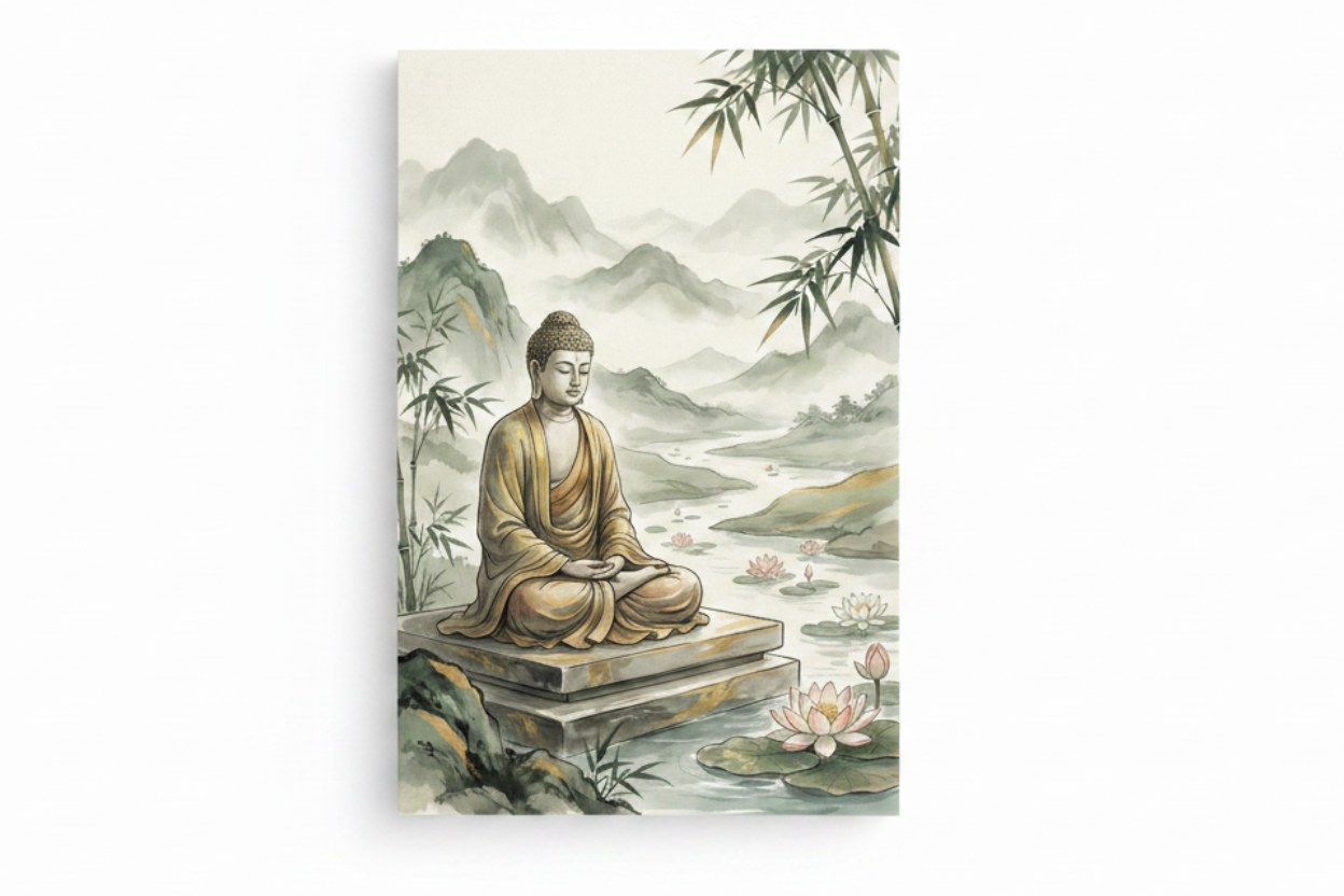 Meditating Buddha stone platform lotus pond bamboo misty mountains watercolor canvas print flat lay on white background - Portugal Canvas Co