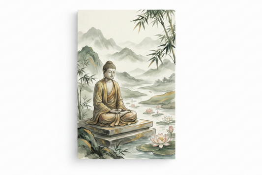 Meditating Buddha stone platform lotus pond bamboo misty mountains watercolor canvas print flat lay on white background - Portugal Canvas Co