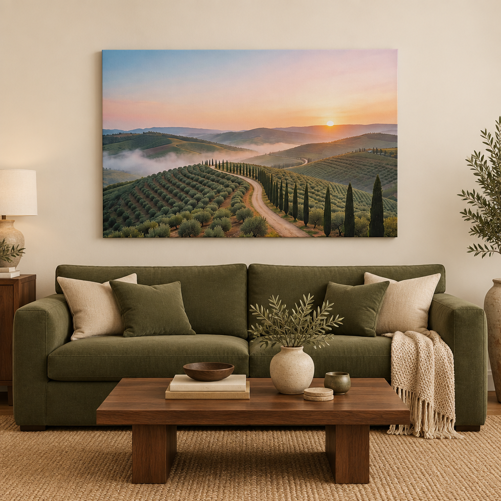 Tuscan sunrise cypress road canvas above an olive sofa in a warm living room - Portugal Canvas Co