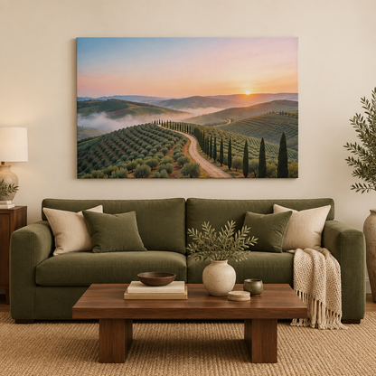 Tuscan sunrise cypress road canvas above an olive sofa in a warm living room - Portugal Canvas Co