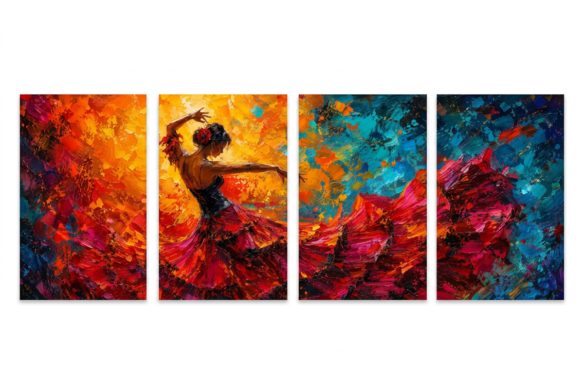 Four-panel flamenco dancer canvas artwork with a flowing red skirt and orange and teal background on white - Portugal Canvas Co