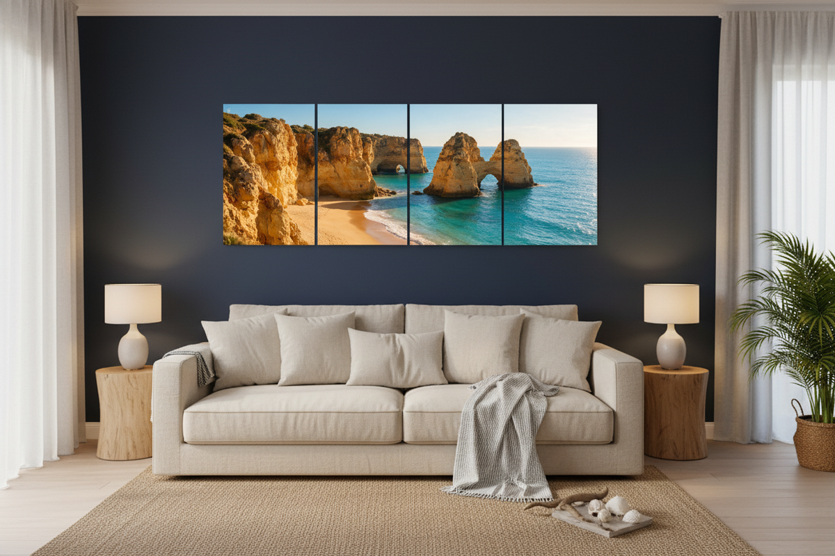 Four-panel Old Town Albufeira canvas wall art above a sofa in a coastal living room - Portugal Canvas Co