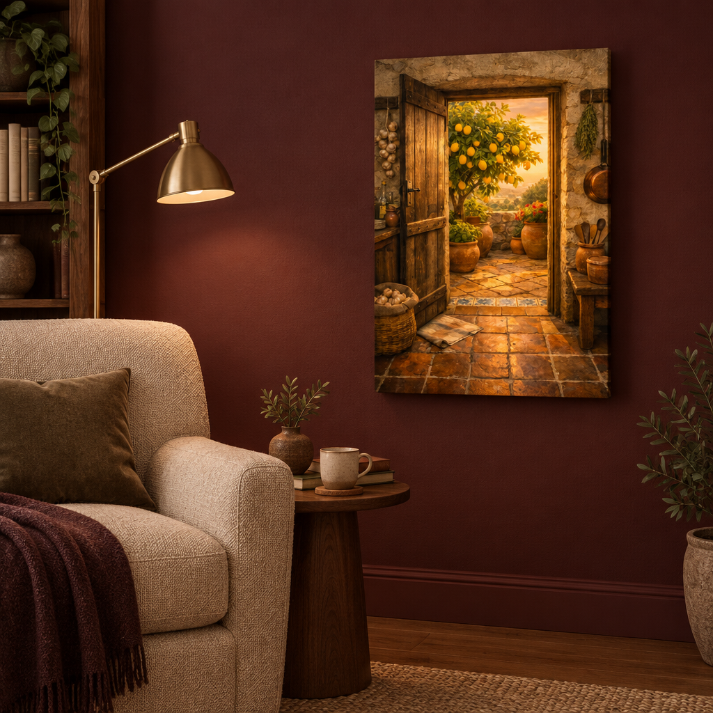 Rustic doorway and lemon tree canvas wall art in a burgundy reading nook - Portugal Canvas Co