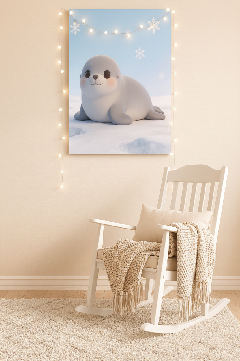 Cute baby seal nursery canvas wall art above a rocking chair in a cozy nursery reading nook - Portugal Canvas Co