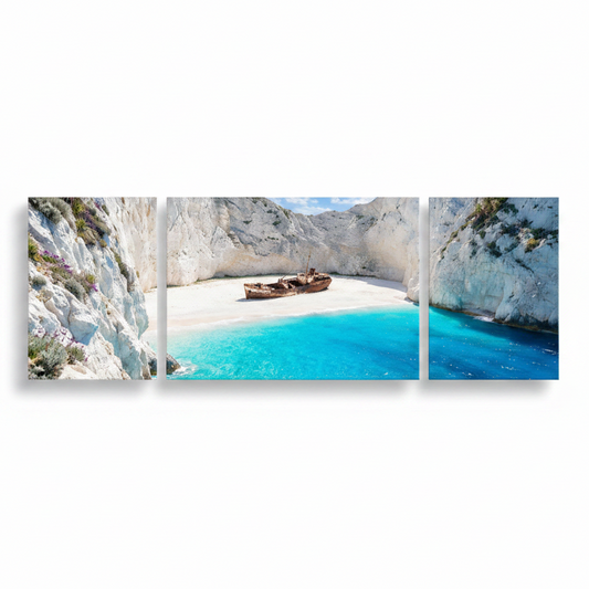 Navagio Shipwreck Beach triptych canvas wall art on white background - Portugal Canvas Co