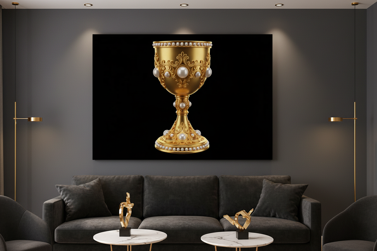 Golden Holy Grail chalice canvas wall art displayed on the wall of a sophisticated dark luxury living room with charcoal walls and gold accent lighting - Portugal Canvas Co