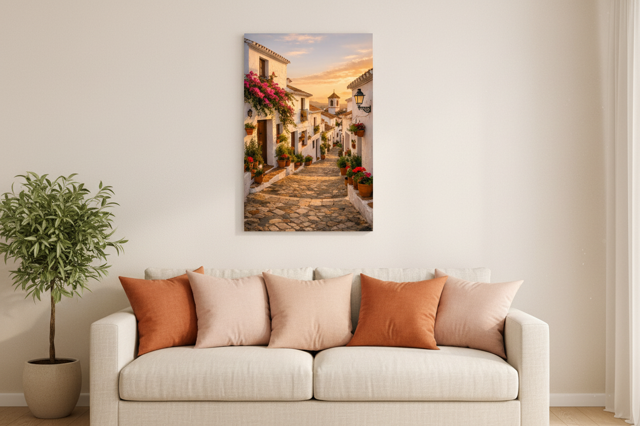 Whitewashed Mediterranean village street canvas wall art in bright living room with cream sofa and terracotta blush cushions - Portugal Canvas Co