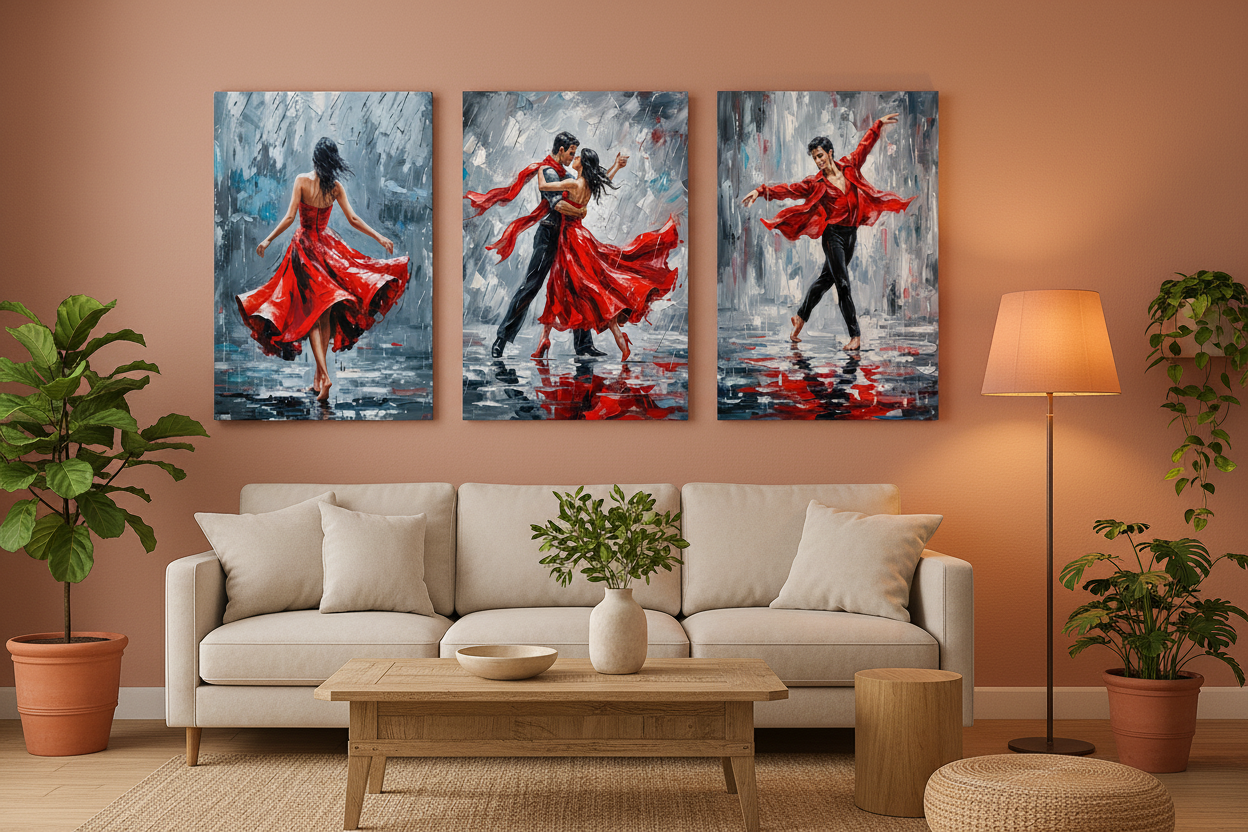 Expressive dance triptych red dress movement three panel canvas wall art on a terracotta wall in a cosy Mediterranean living room - Portugal Canvas Co
