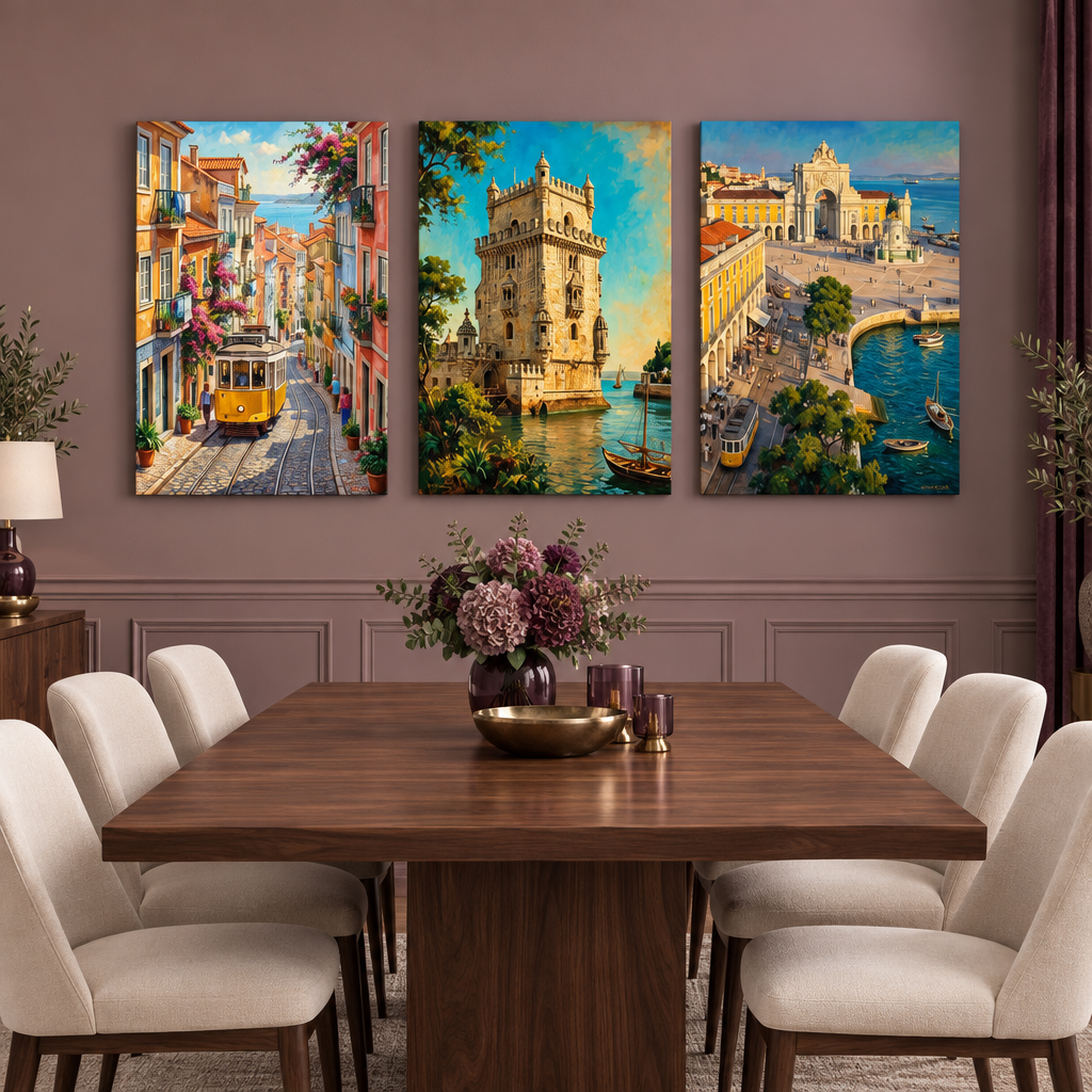 Lisbon three-panel canvas set with a yellow tram, Belém Tower and Praça do Comércio in a dusty mauve dining room - Portugal Canvas Co