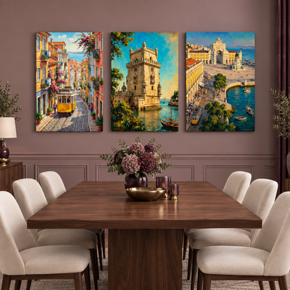 Lisbon three-panel canvas set with a yellow tram, Belém Tower and Praça do Comércio in a dusty mauve dining room - Portugal Canvas Co