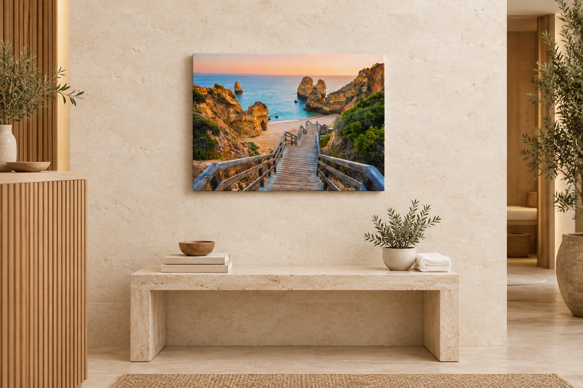 Algarve beach staircase canvas with cliffs and sea at sunset above a travertine bench in a luxury spa - Portugal Canvas Co