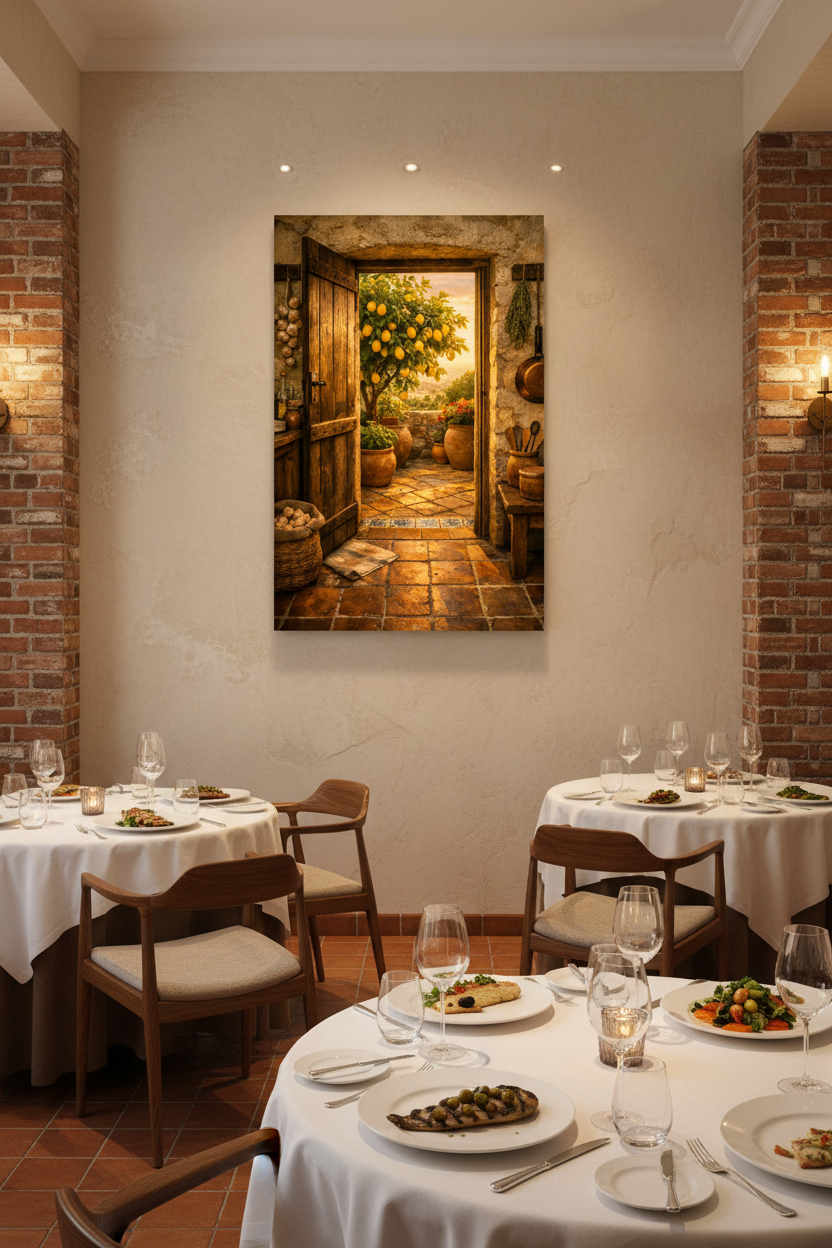 Mediterranean rustic open door lemon tree canvas wall art displayed in an upscale restaurant dining room - Portugal Canvas Co