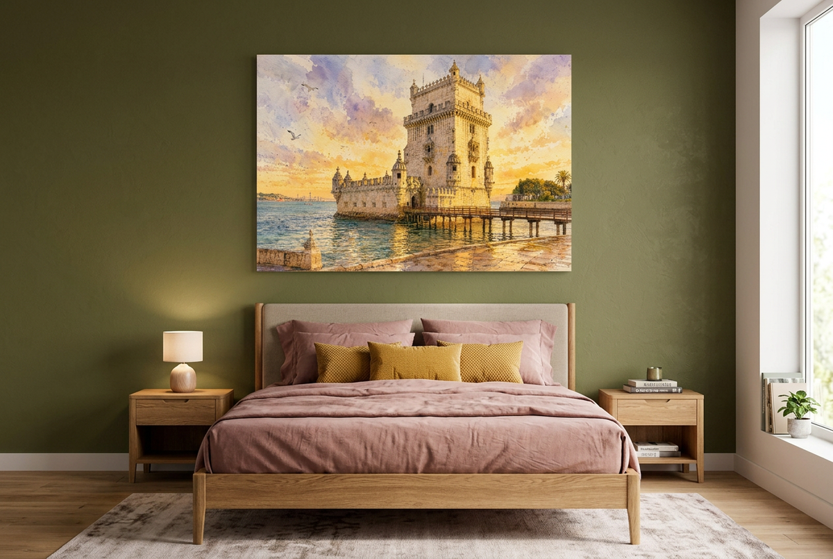Belém Tower sunset canvas print in an olive-green bedroom with rose bedding and mustard accents - Portugal Canvas Co