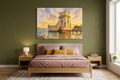 Belém Tower sunset canvas print in an olive-green bedroom with rose bedding and mustard accents - Portugal Canvas Co