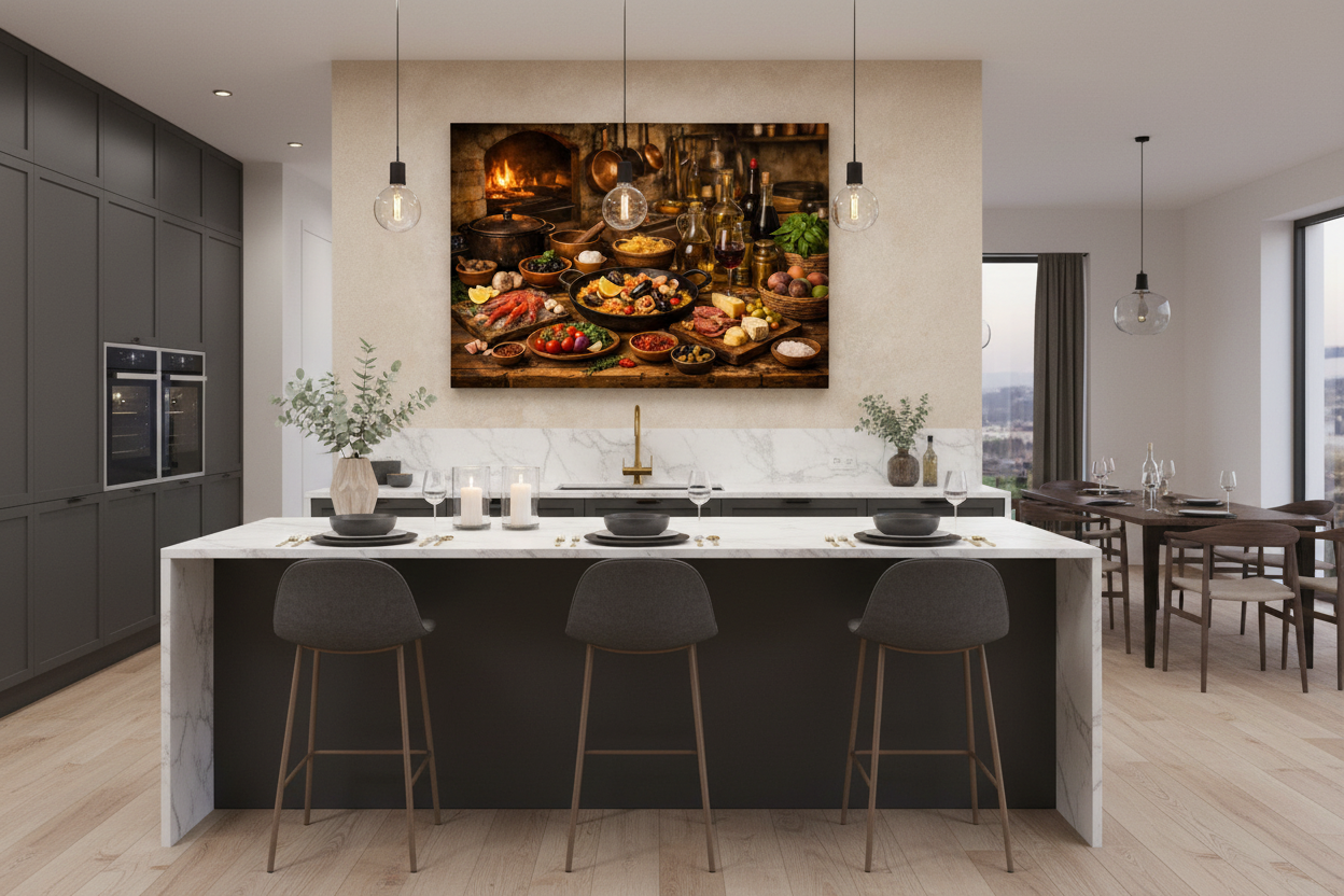 Mediterranean still life kitchen canvas wall art in contemporary open-plan kitchen diner with dark cabinetry and marble island - Portugal Canvas Co