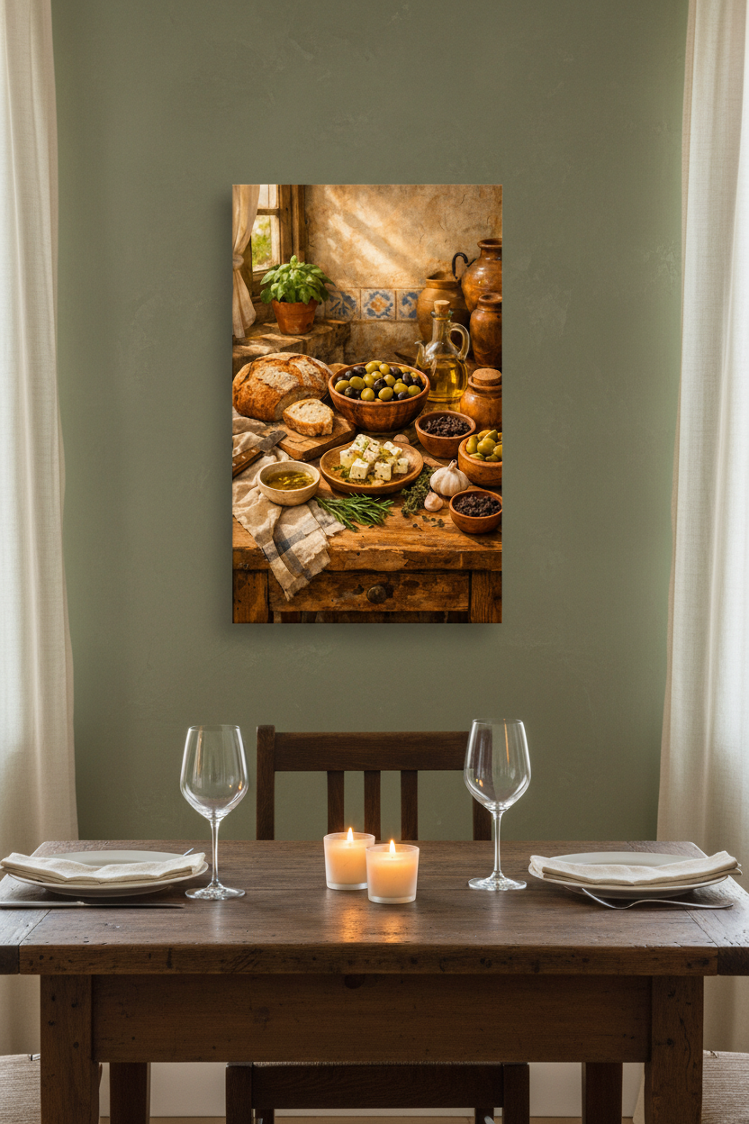 Mediterranean kitchen still life canvas wall art displayed on a sage green wall in a cosy dining room set for two with warm candlelight ambiance - Portugal Canvas Co