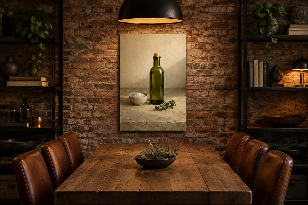 Olive oil bottle and rosemary canvas in an industrial dining room with brick walls and pendant lighting - Portugal Canvas Co