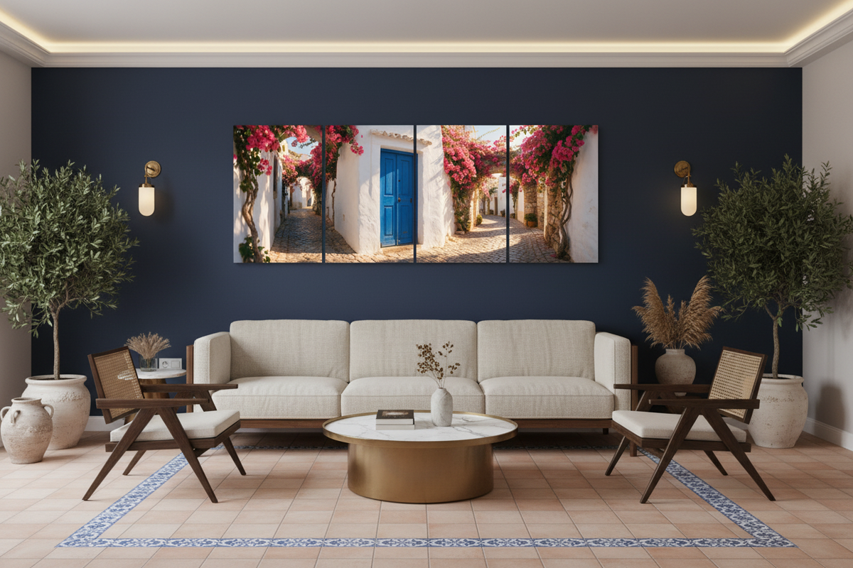 Four-panel Albufeira Old Town canvas wall art in a boutique hospitality lounge - Portugal Canvas Co