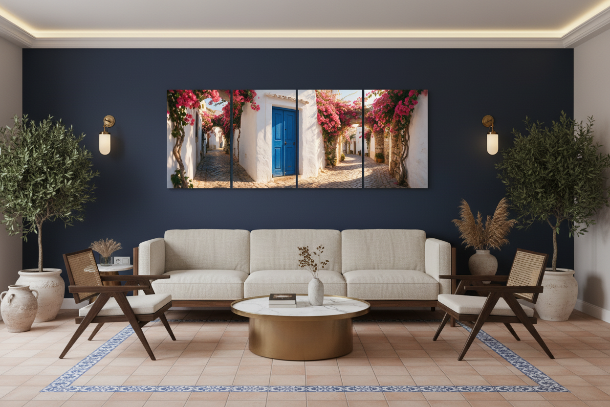Four-panel Albufeira Old Town canvas wall art in a boutique hospitality lounge - Portugal Canvas Co
