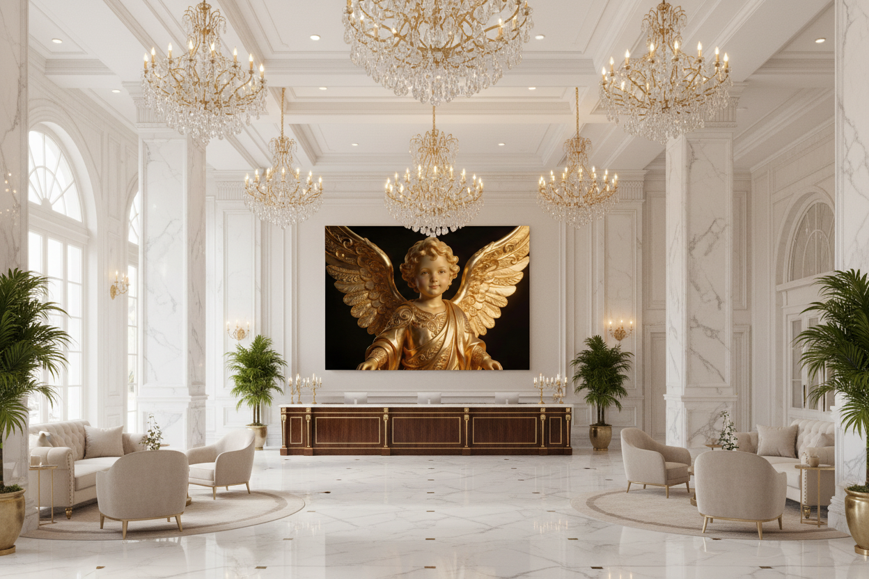 Golden Angel Child canvas wall art displayed on the feature wall of a grand luxury hotel reception lobby with marble floors and crystal chandeliers - Portugal Canvas Co