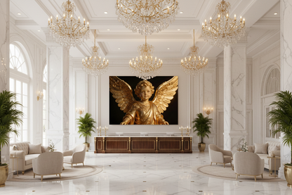 Golden Angel Child canvas wall art displayed on the feature wall of a grand luxury hotel reception lobby with marble floors and crystal chandeliers - Portugal Canvas Co