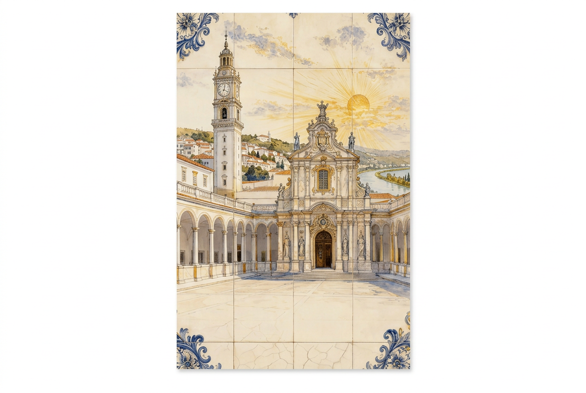 Portrait church and clock tower canvas with blue tile-style corners on a white background - Portugal Canvas Co