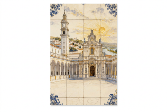 Portrait church and clock tower canvas with blue tile-style corners on a white background - Portugal Canvas Co