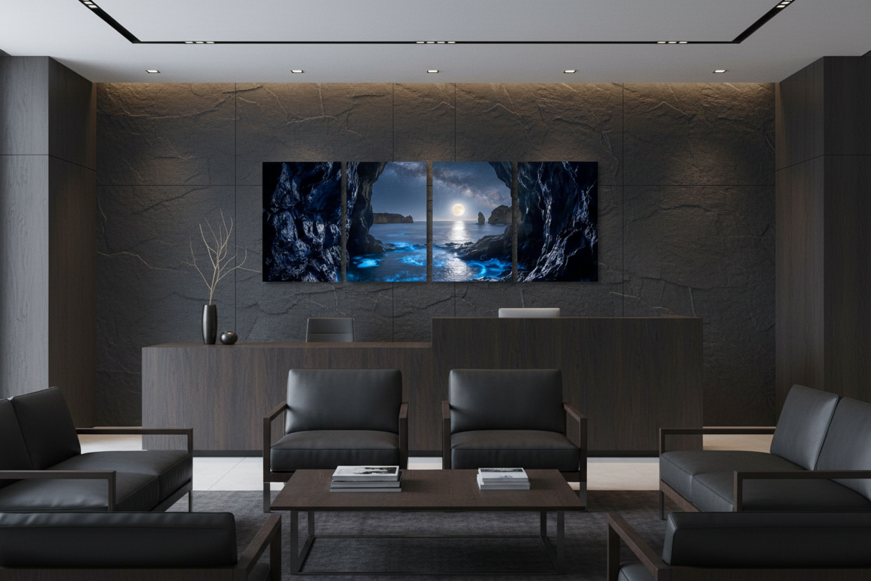 Moonlit sea cave four-panel canvas art displayed in a premium modern office reception and business lounge - Portugal Canvas Co