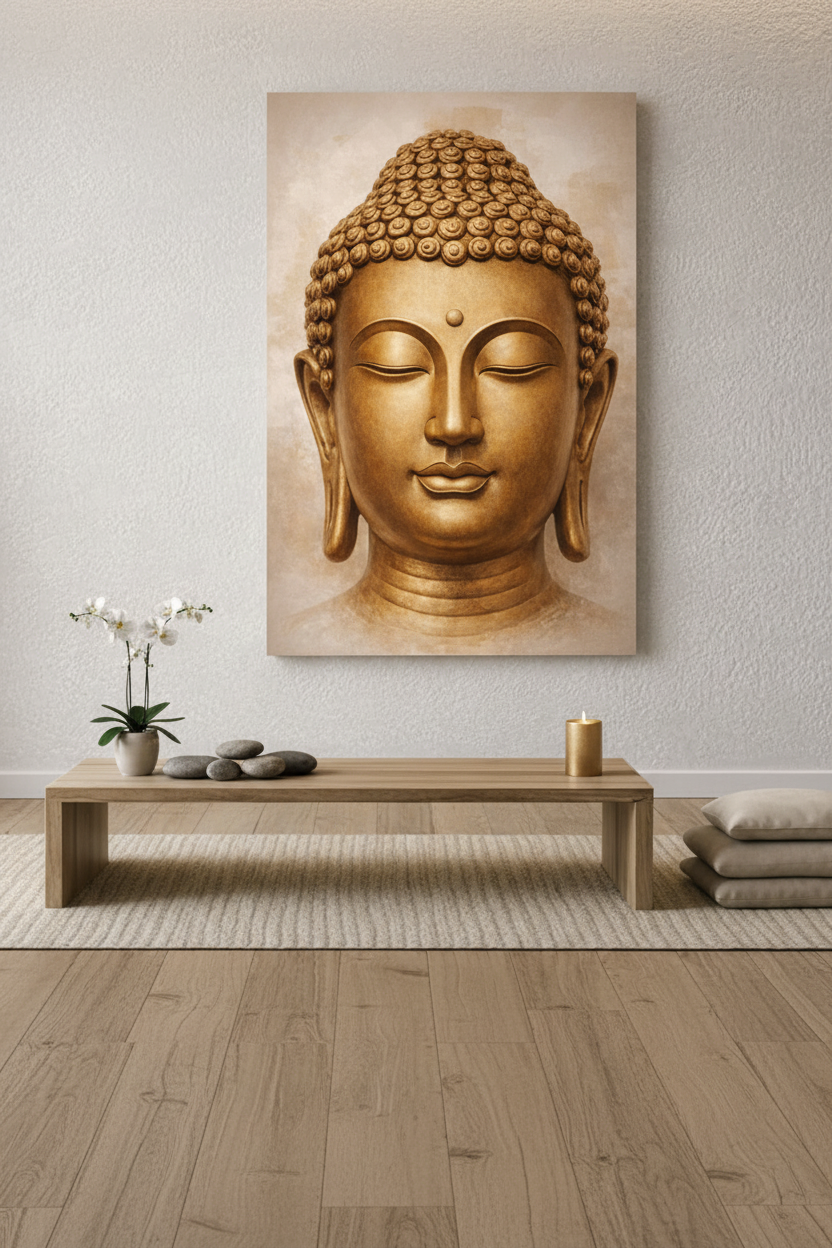 Golden Buddha face portrait canvas wall art above a minimalist console table with orchid and candle in an elegant zen interior - Portugal Canvas Co